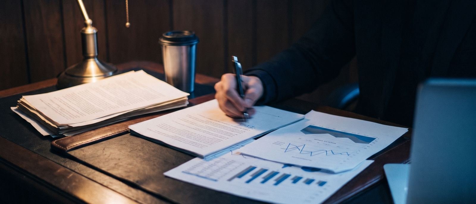Printed pitch deck pages and revenue charts under a desk lamp